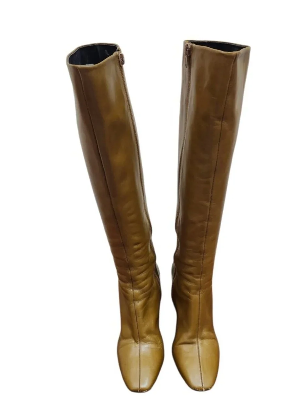 ZARA Camel Brown Leather Knee High Boots Block Heel Square Toe Women's EU 40US 9